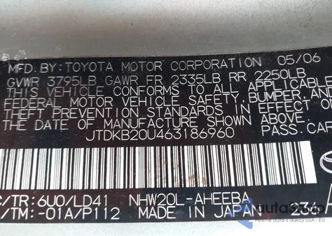 2006 Toyota Prius from USA, damaged, VIN JTDKB20U463186960